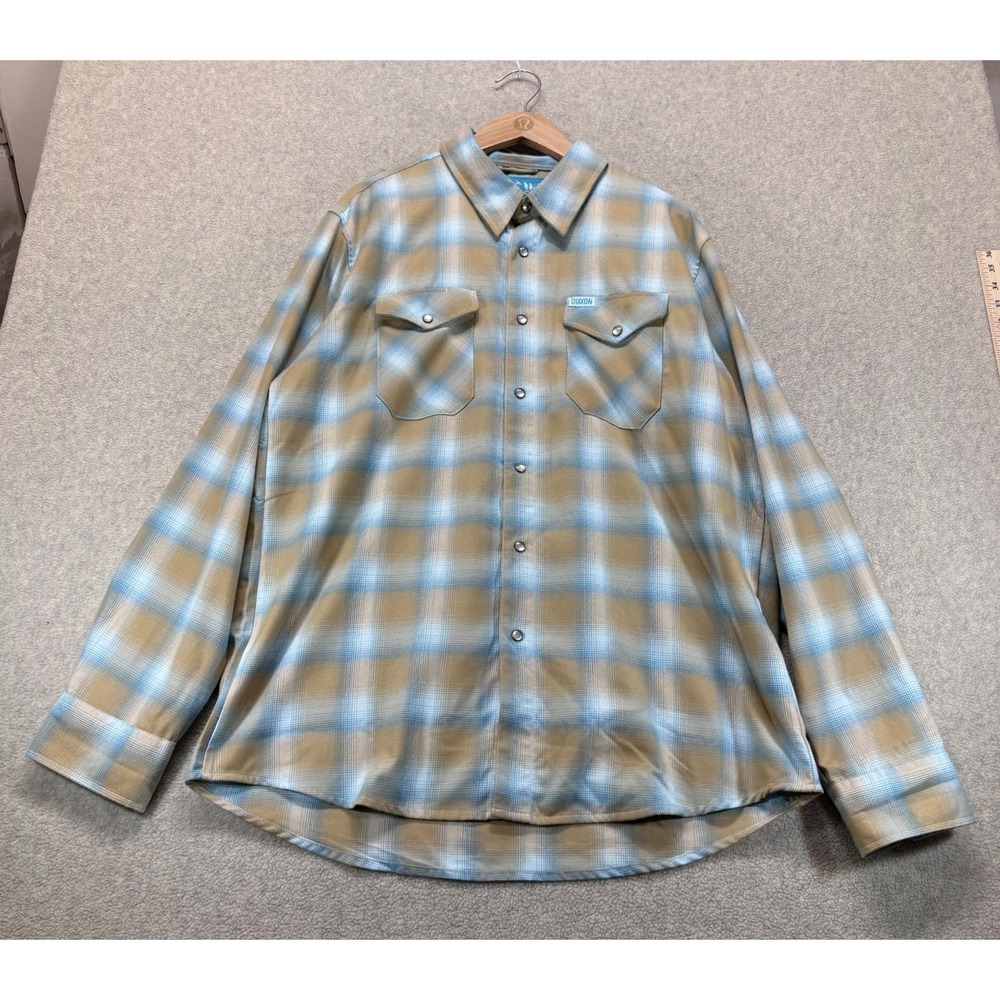 Dixxon Flannel Co. Mens Pale Ale Shirt Beige Blue Plaid Pearl Snap Pockets XL